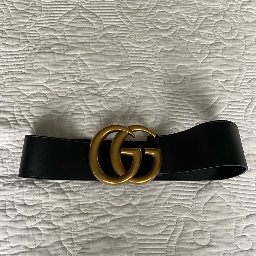 Gucci Calfskin Black Marmont GG Wide Belt (75/30) 453265